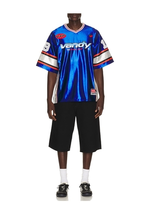 VANDYTHEPINK Cherry Football Jersey in Blue. Size L. Also in XS, S, M, XL/1X.