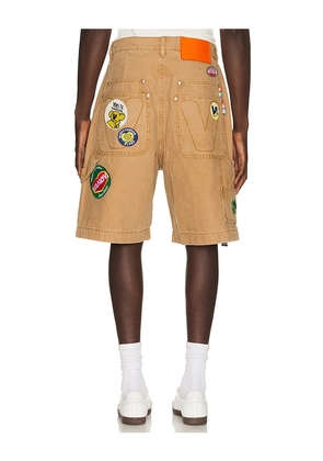 VANDYTHEPINK Patched Canvas Shorts in Brown. Size L. Also in XS, S, M, XL/1X.