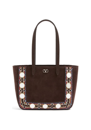 Valentino Garavani Nellcôte mini suede shopping bag with embroidered trim - Brown