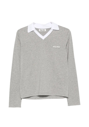 Miu Miu logo-patch V-neck T-shirt - Grey