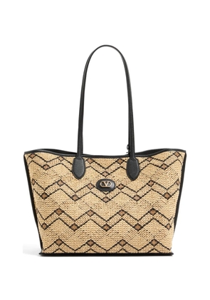Valentino Garavani medium raffia shopping bag with geometric pattern - Neutrals