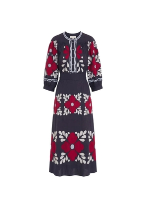 Antik Batik floral-embroidered puff-sleeve midi dress - Blue