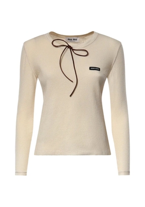 Miu Miu bow-detail waffle-knit long-sleeve T-shirt - Neutrals