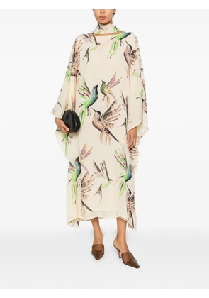 PSOPHIA bird-print long-sleeve midi dress - Neutrals