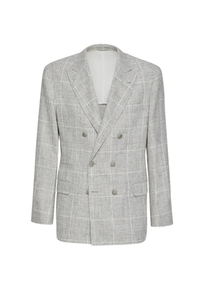 Brunello Cucinelli linen Prince of Wales one-and-a-half breasted deconstructed blazer with metal buttons - Grey