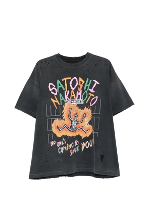 SATOSHI NAKAMOTO distressed graphic-print T-shirt - Grey