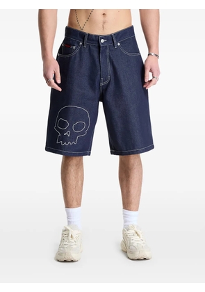 Pleasures skull-embroidered denim shorts - Blue
