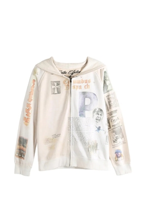 SAITOS Long Live Rock graphic-print distressed cotton hoodie - Neutrals