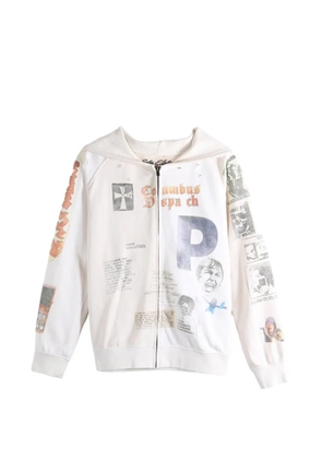 SAITOS Long Live Rock graphic-print distressed zip-up hoodie - Neutrals