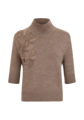 Oscar de la Renta hibiscus-embroidered knit pullover - Brown