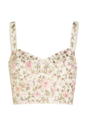 Needle & Thread floral-embroidered mesh crop top - Neutrals