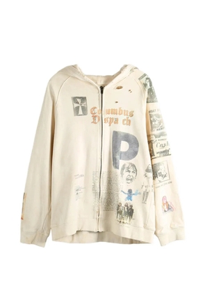SAITOS Long Live Rock graphic-print distressed zip-up hoodie - Neutrals