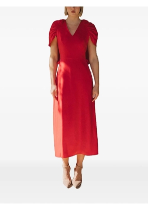 CHERUBINA Lux ruched-sleeve V-neck midi dress - Red