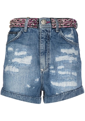 Philipp Plein rhinestone-embellished denim shorts - Blue