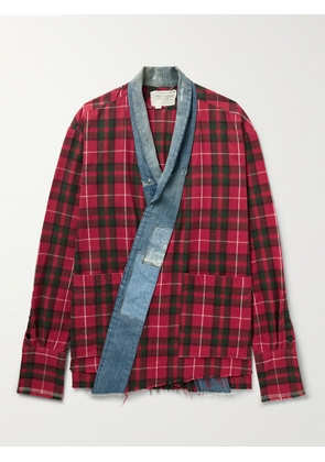 GREG LAUREN - Shawl-Collar Denim-Trimmed Checked Cotton-Flannel Cardigan - Men - Red - 1