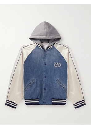 Valentino Garavani - Cotton-Jersey, Satin and Denim Hooded Bomber Jacket - Men - Blue - IT 44