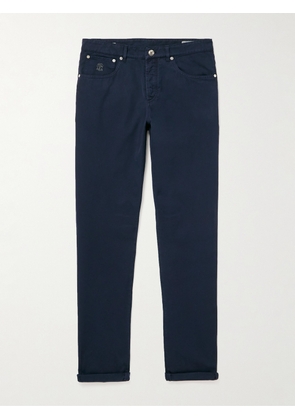 Brunello Cucinelli - Straight-Leg Logo-Embroidered Cotton-Gabardine Trousers - Men - Blue - IT 44