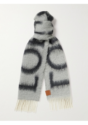 LOEWE - Fringed Leather-Trimmed Jacquard-Knit Scarf - Men - Gray