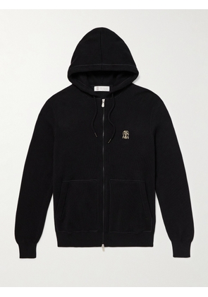Brunello Cucinelli - Logo-Embroidered Ribbed Cotton Zip-Up Hoodie - Men - Black - XS
