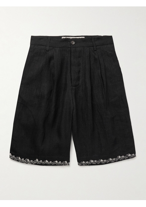 Kartik Research - Straight-Leg Pleated Embroidered Linen Shorts - Men - Black - UK/US 30