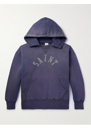 SAINT MXXXXXX - Logo-Print Distressed Cotton-Jersey Hoodie - Men - Blue - S