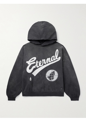 SAINT MXXXXXX - Fear of God Distressed Logo-Print Cotton-Jersey Hoodie - Men - Black