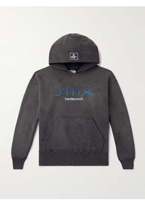 SAINT MXXXXXX - SMX6 Distressed Logo-Print Cotton-Jersey Hoodie - Men - Black - S