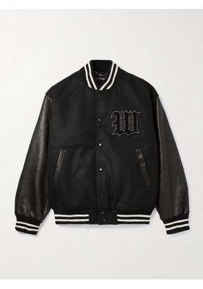 WACKO MARIA - Leather-Panelled Striped Appliquéd Wool-Blend Varsity Jacket - Men - Black - S