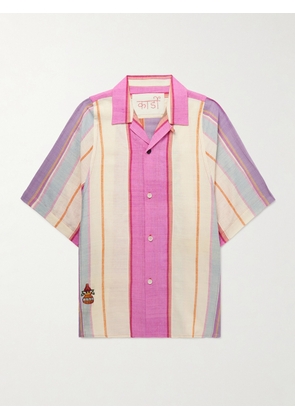 Kardo - Yusuke Convertible-Collar Embroidered Striped Silk Shirt - Men - Pink - S