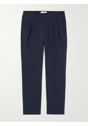 Mr P. - Steve Straight-Leg Pleated Organic Cotton-Blend Seersucker Trousers - Men - Blue - 28