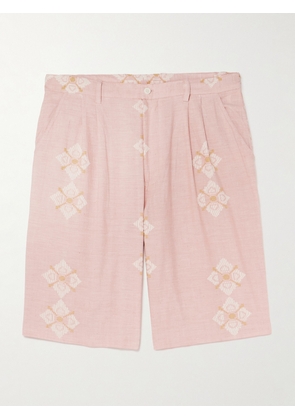Kardo - Straight-Leg Embroidered Pleated Cotton Shorts - Men - Pink - S