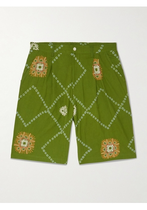 Kardo - Straight-Leg Embroidered Printed Pleated Cotton Shorts - Men - Green - S