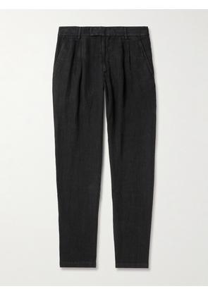 Mr P. - Steve Tapered Pleated Organic Cotton and Linen-Blend Trousers - Men - Black - 28