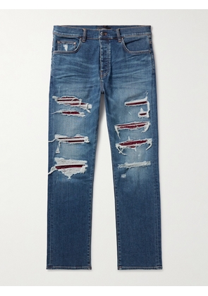 AMIRI - Thrasher Slim-Fit Distressed Croc-Effect Leather-Trimmed Panelled Jeans - Men - Blue - UK/US 28