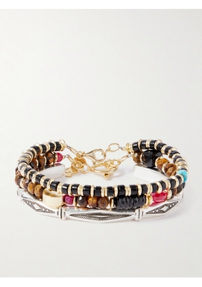Peyote Bird - Set of Three 14-Karat Gold-Plated, Sterling Silver and Ruby Beaded Bracelets - Men - Silver