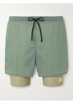 DISTRICT VISION - Straight-Leg Layered Logo-Print Stretch-Jersey and Shell Drawstring Shorts - Men - Green - S