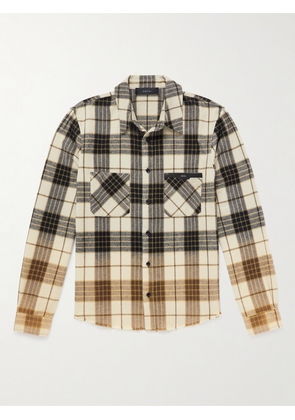 AMIRI - Leather-Trimmed Frayed Checked Cotton-Flannel Shirt - Men - Neutrals - XS