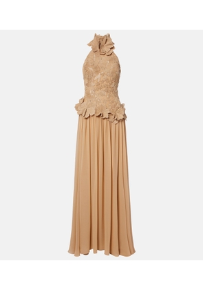 Elie Saab Raffia-trimmed silk-blend tulle gown