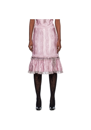 Anna Sui Pink Crushed Satin Ruffle Midi Skirt