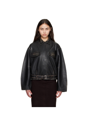 St. Agni Black Brushed Belted Leather Jacket