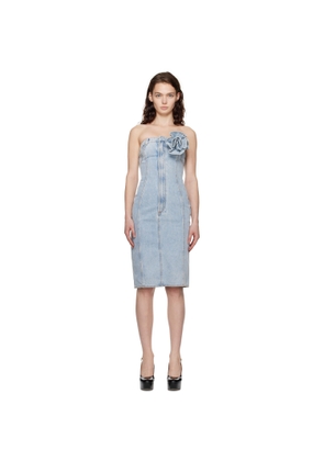 AREA Blue Flower Corsage Strapless Denim Midi Dress