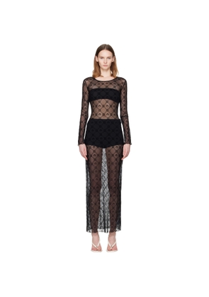 Marine Serre Black Moonogram Mesh Flock LS Crewneck Maxi Dress
