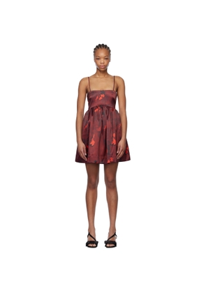 GANNI Burgundy Floral Print Satin Strap Minidress