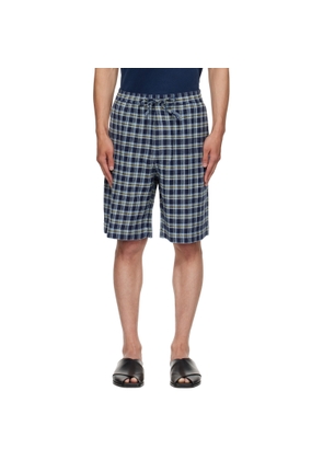 The Elder Statesman Navy Dune Plaid Fringe Beach Shorts