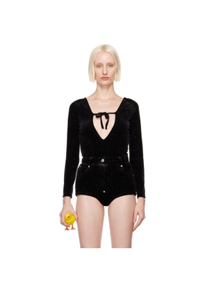 Pushbutton Black Front Self Tie Bodysuit