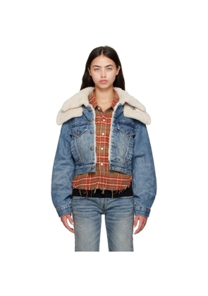 R13 Blue Double Collar Sherpa Denim Trucker Jacket