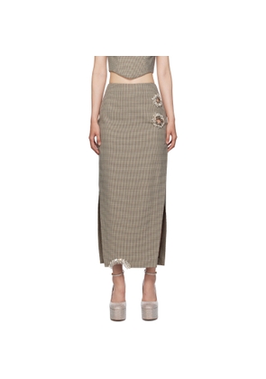 AREA Brown Distressed Crystal Midi Skirt