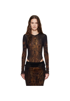 Jean Paul Gaultier Black Mesh Double Layer Printed Wood Bodysuit