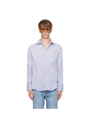 Bottega Veneta White & Navy Crushed Cotton Striped Shirt