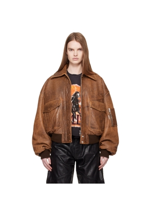 AMIRI Tan Faded Leather Bomber Jacket